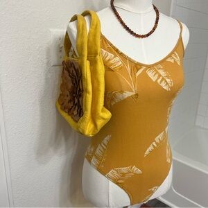 Mustard yellow gold tropical palm leaves pattern tank cami bodysuit summer beach